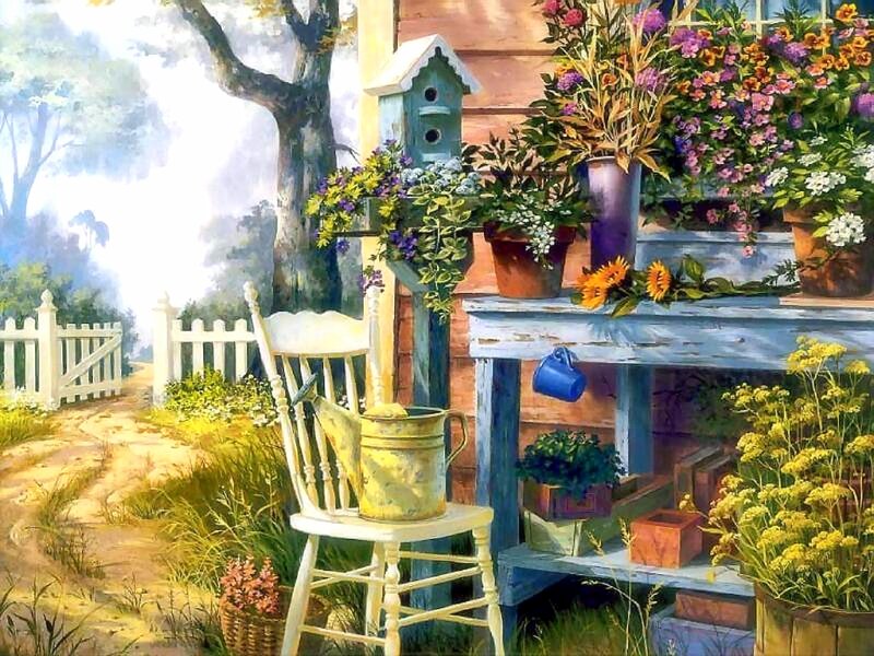 Garden Scene with Chair — Blue
