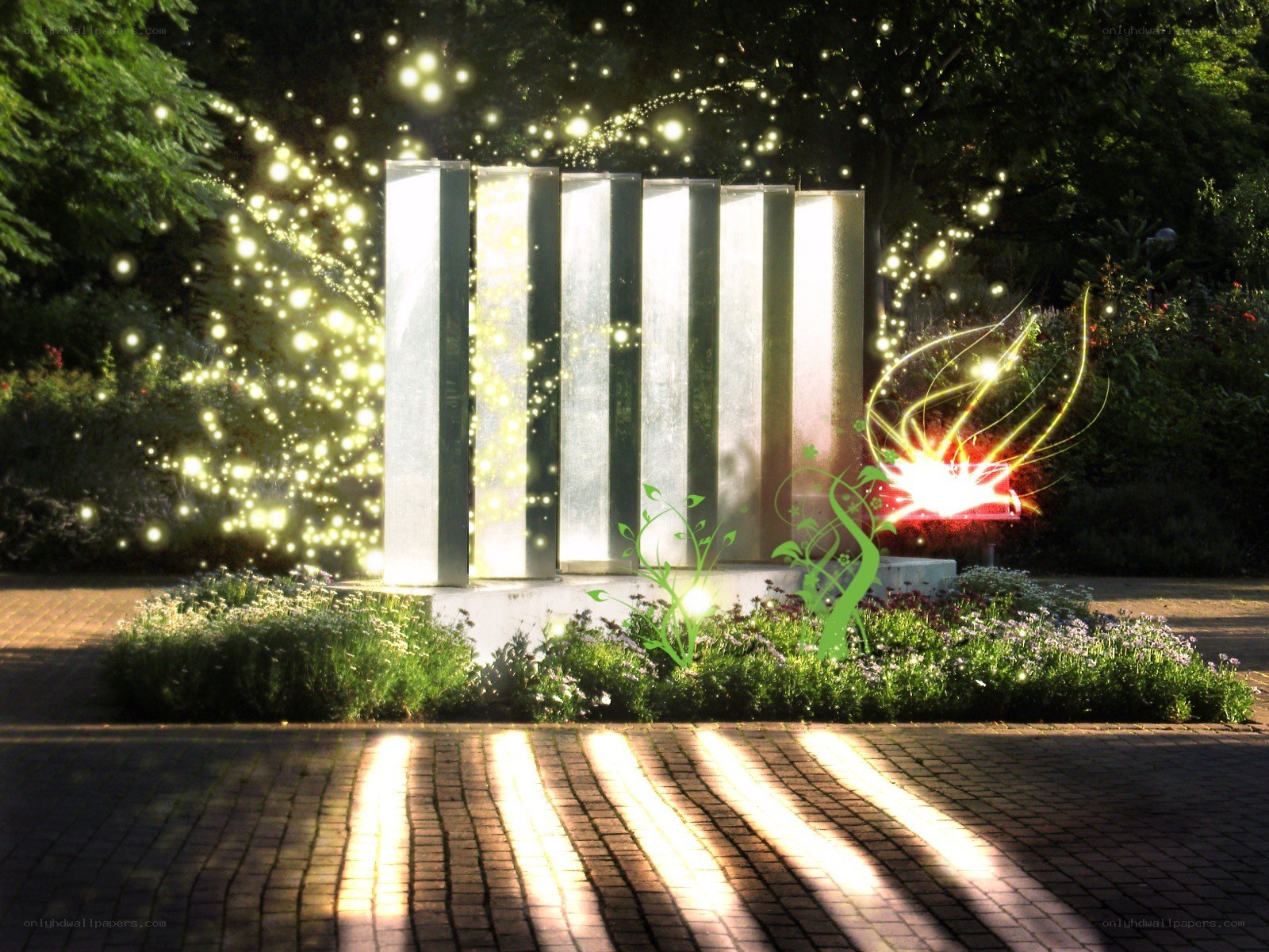 Garden sculpture with glowing effects