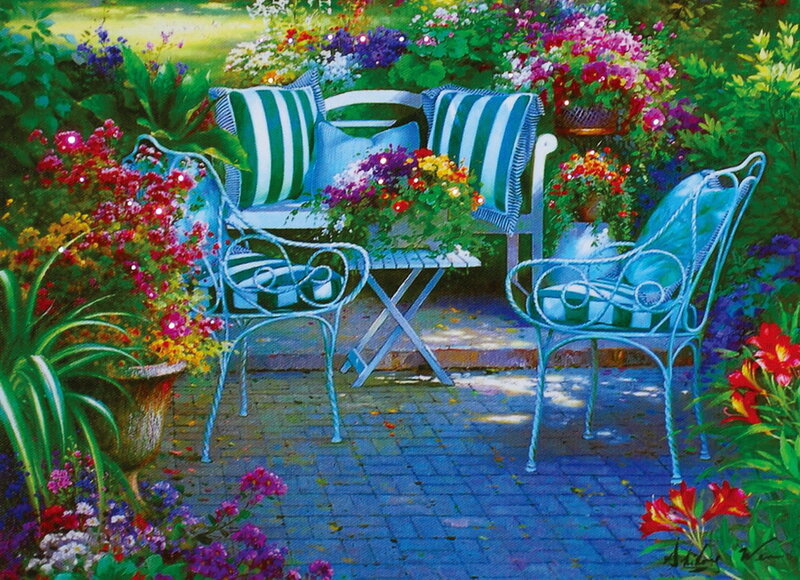 Garden Seating Area — Green, Serene, Afternoon, Painting, Chairs