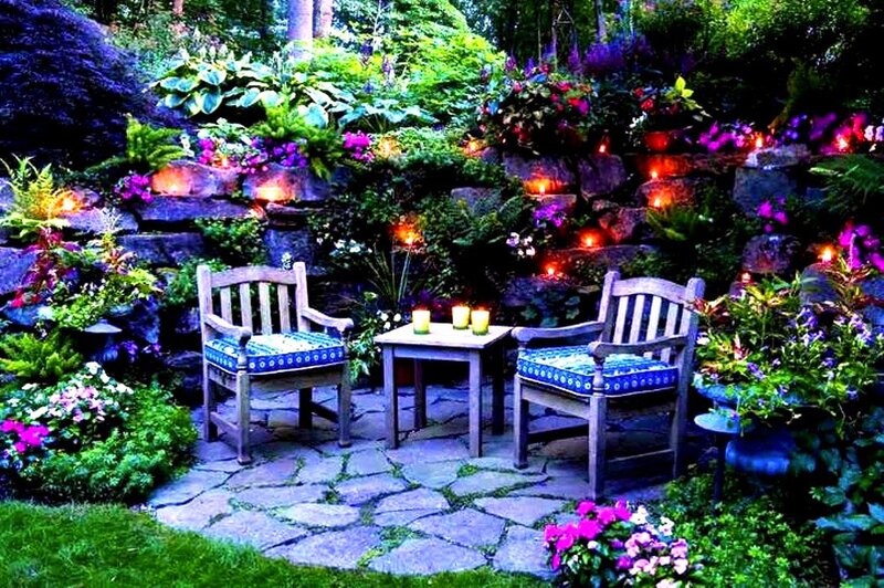 Garden Seating Area — Green, Serene, Night, Photograph