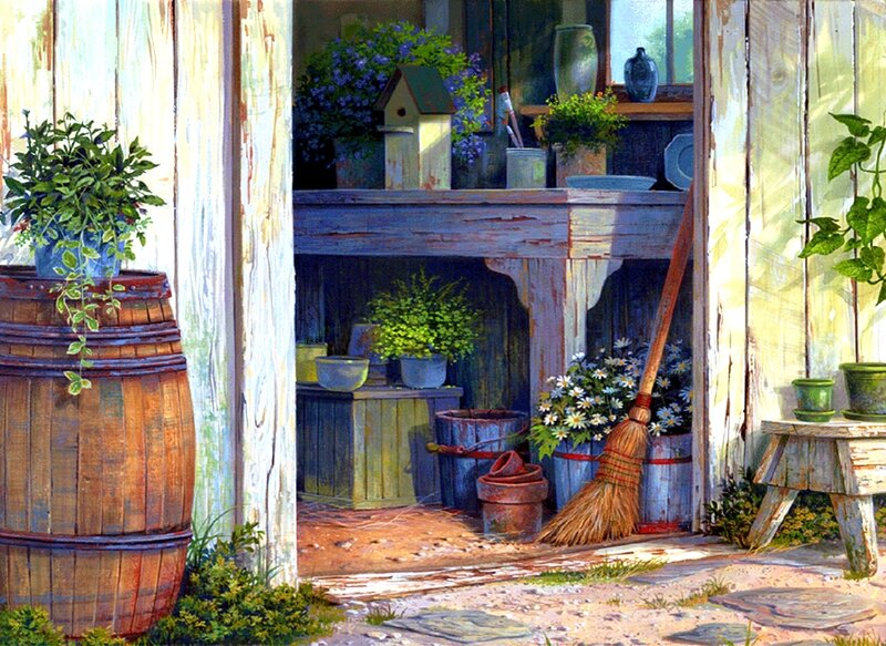 Garden Shed Interior — Blue, Serene, Afternoon