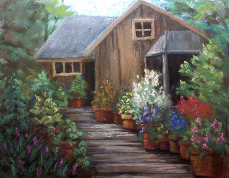 Garden Shed with Flowers — Green, Serene