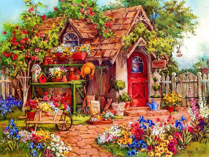 Garden Shed with Flowers — Red