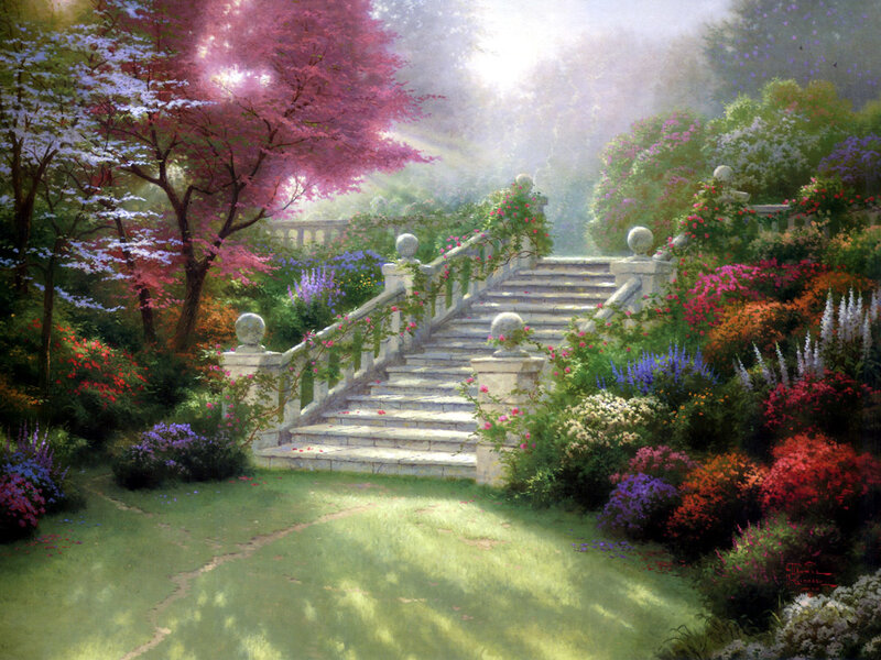 Garden staircase with blooming flowers