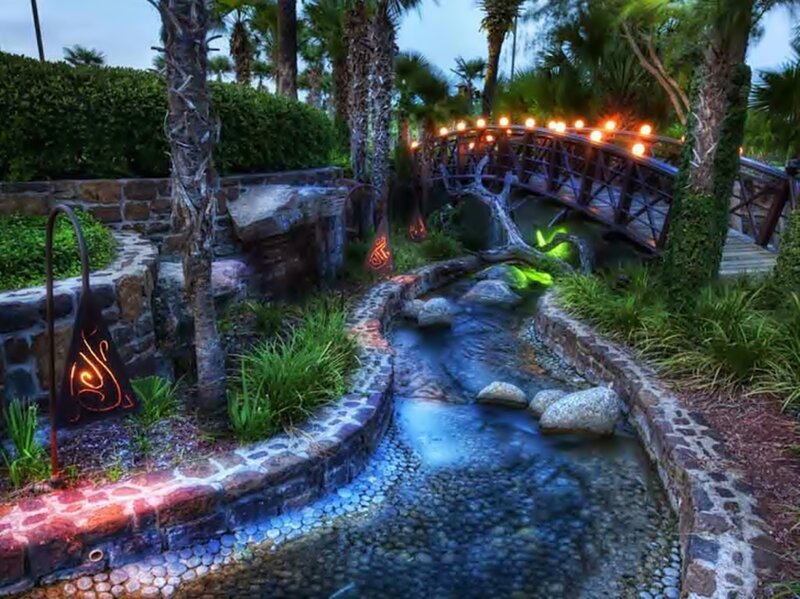 Garden Stream with Bridge — Blue, Serene