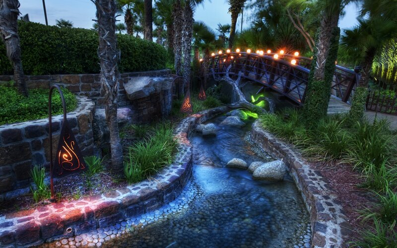 Garden Stream with Bridge — Green, Serene