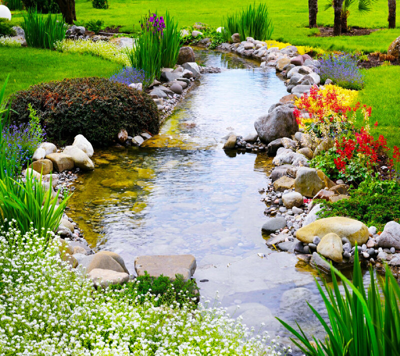 Garden Stream with Flowers — Green, Serene, Afternoon