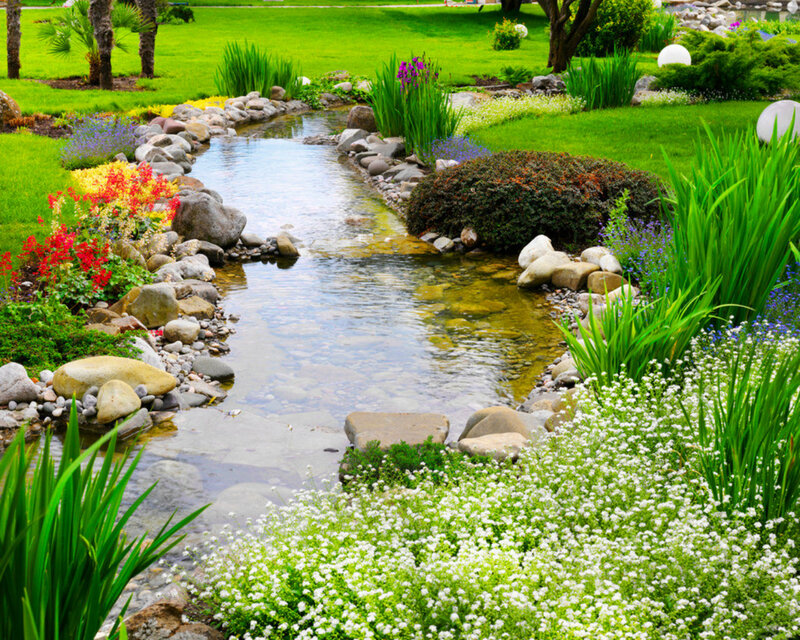 Garden Stream with Flowers — Green, Serene
