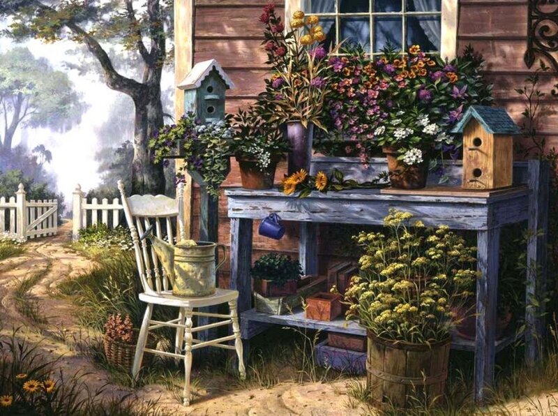 Garden Table with Flowers — Blue