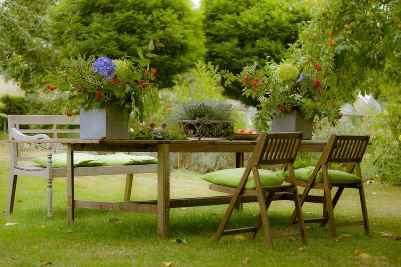Garden Table with Flowers — Green, Serene, Afternoon
