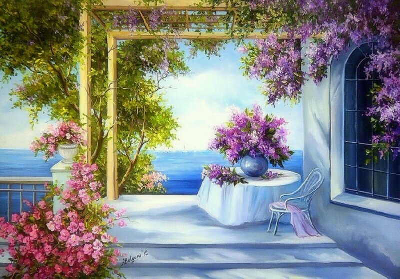 Garden Table with Flowers — Purple
