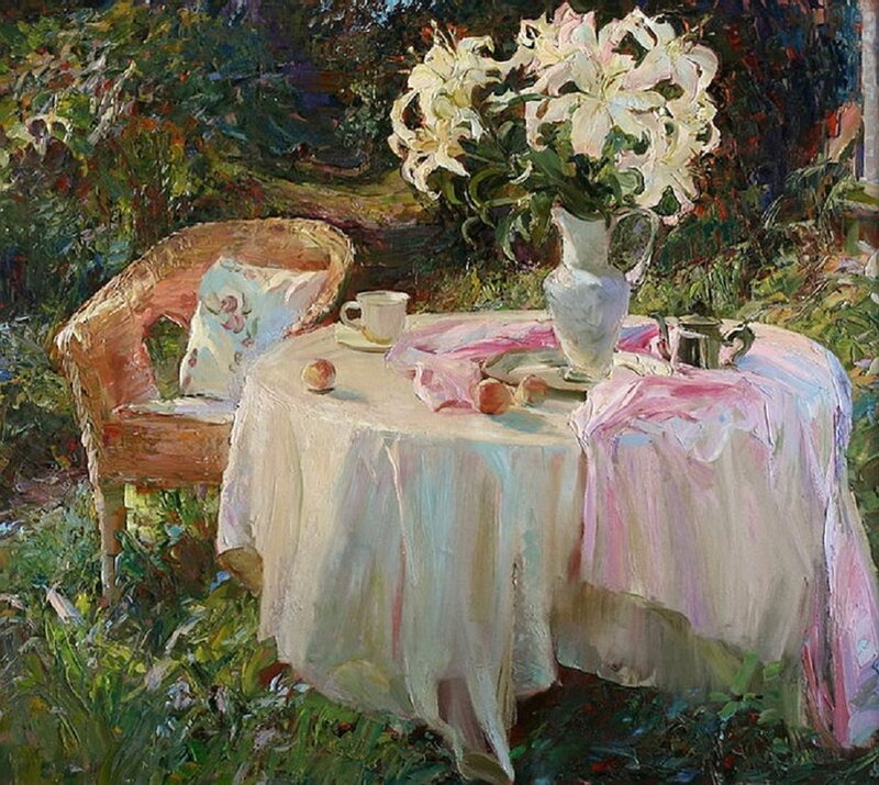 Garden Table with Flowers — White, Serene