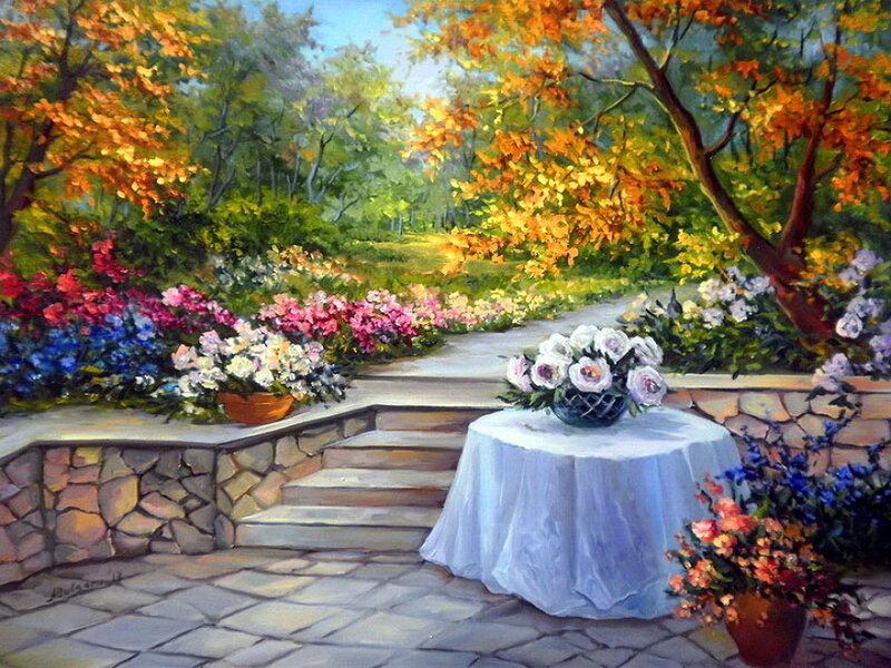 Garden Table with Flowers — White
