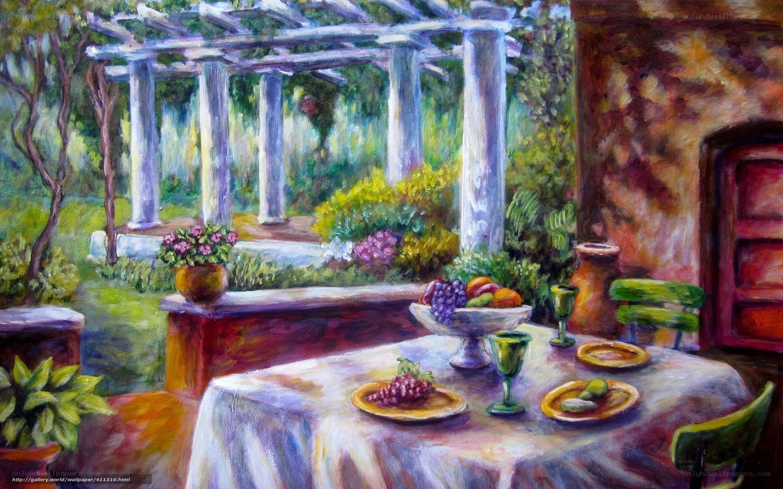 Garden table with fruit and flowers