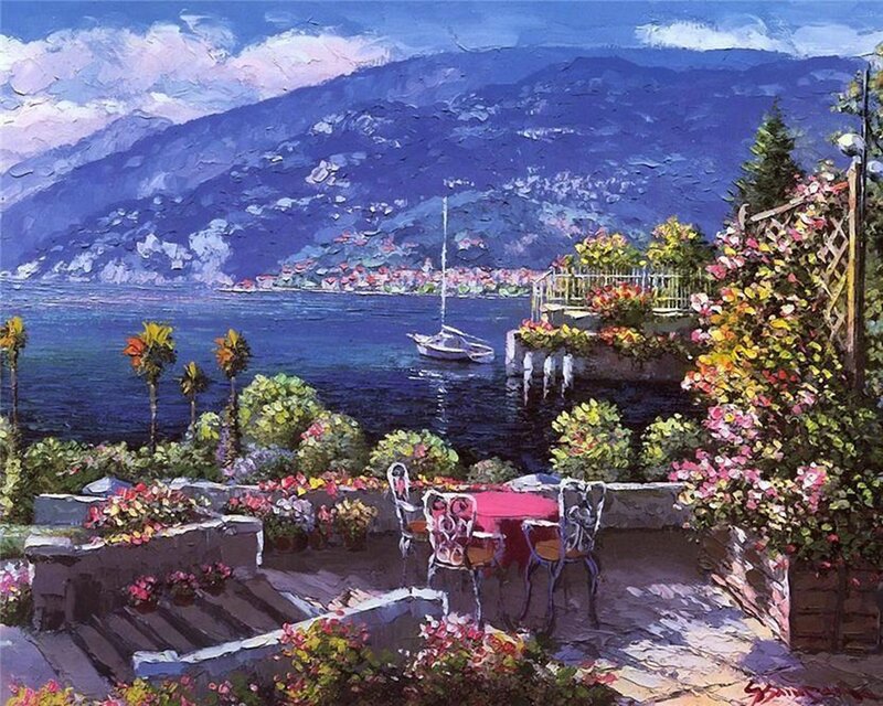 Garden Terrace Overlooking Lake — Blue