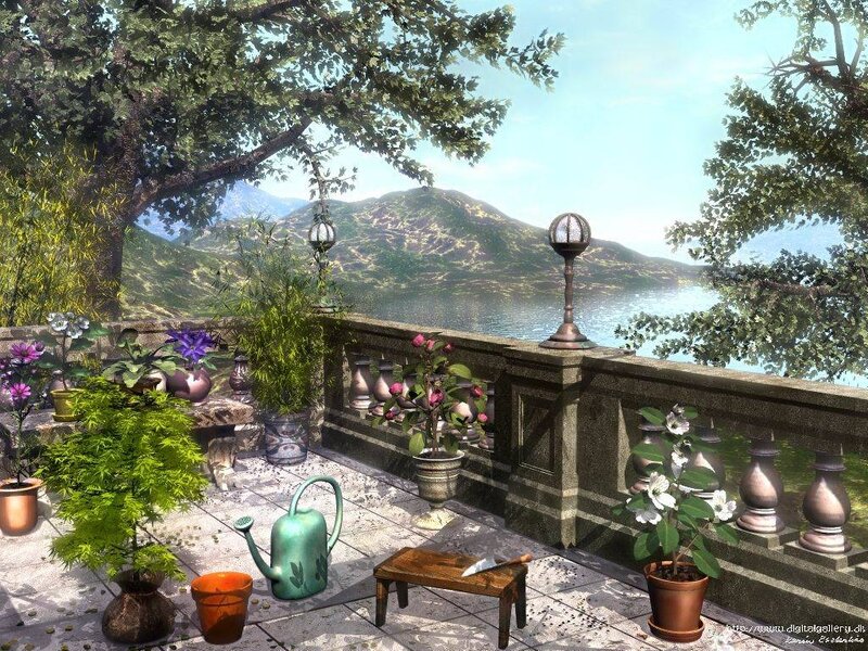 Garden terrace with lake view