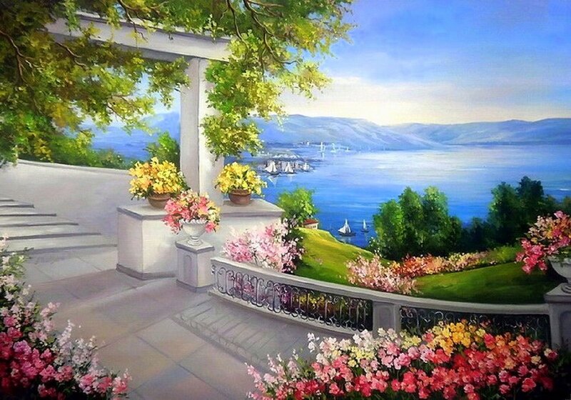 Garden Terrace with Lake View — Blue