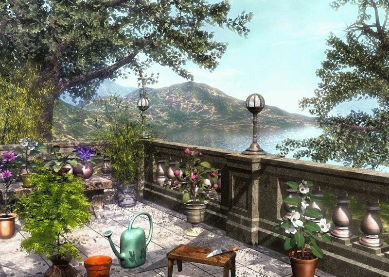 Garden terrace with lake view