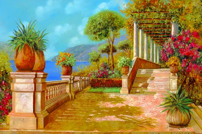 Garden Terrace with Sea View — Blue, Serene, Afternoon, Painting