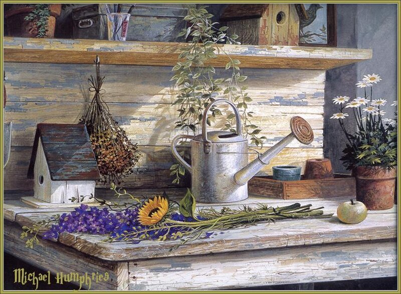 Garden tools and flowers on a table