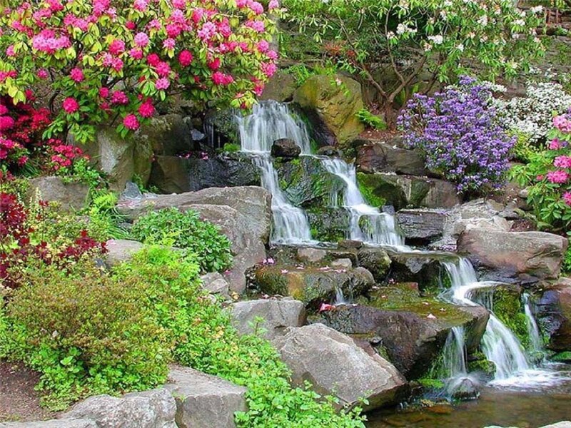 Garden Waterfall — Green, Serene, Spring