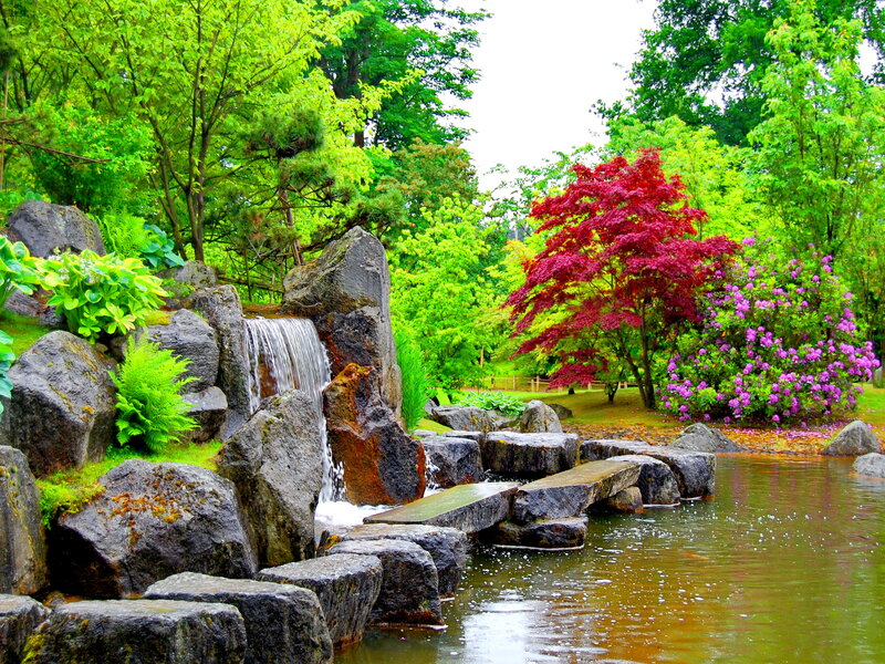 Garden Waterfall Scene — Green, Serene, Spring