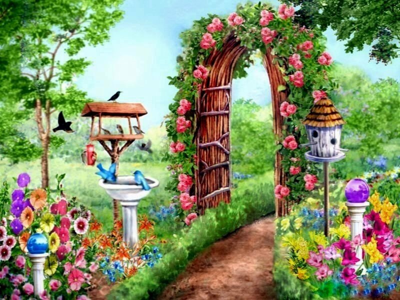 Garden with Arbor and Birdhouses