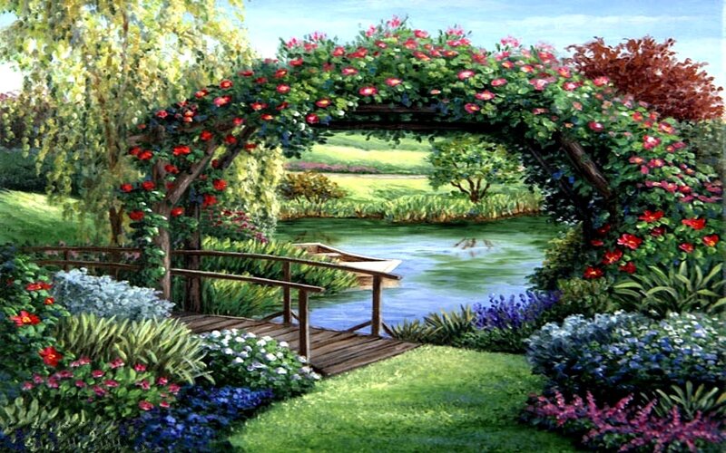 Garden with Arbor and Pond