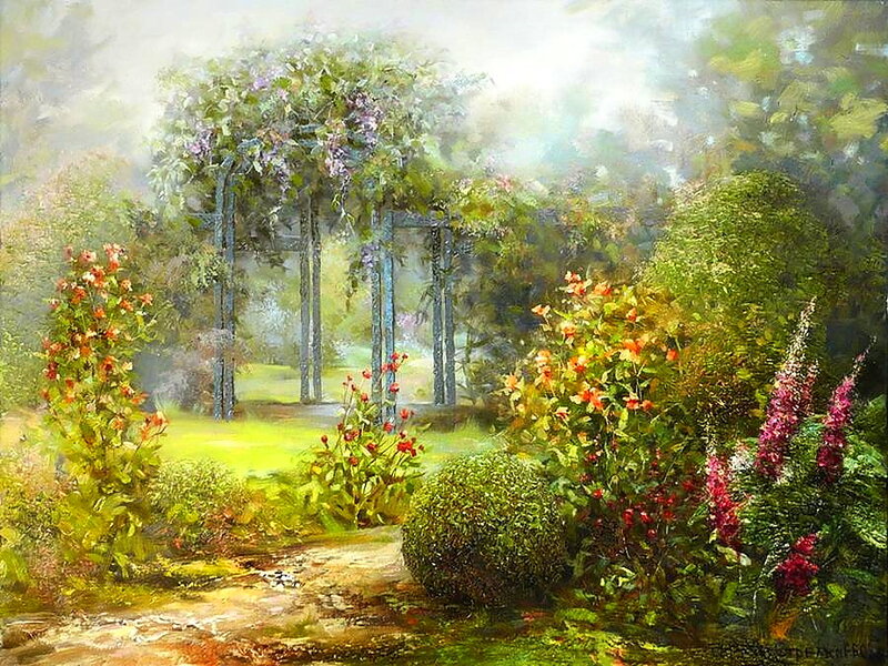 Garden with Arbor — Green, Serene, Morning