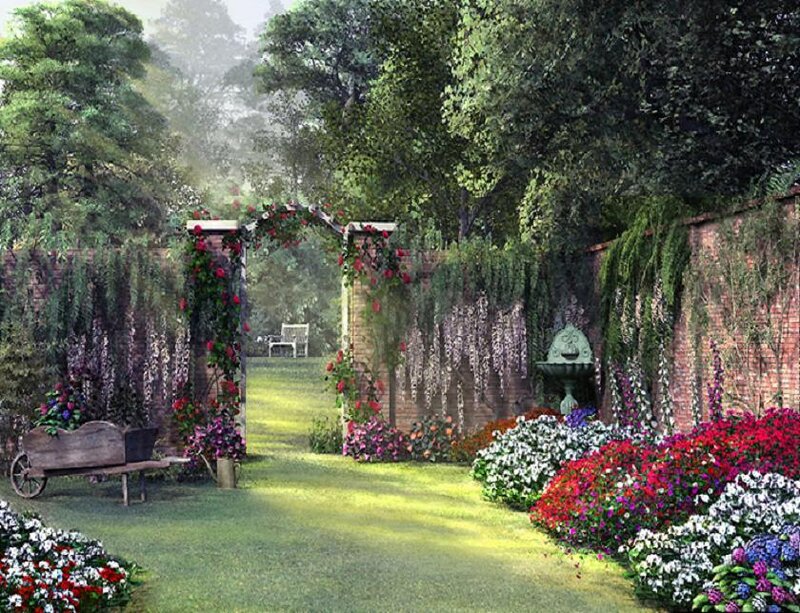 Garden with arch and fountain