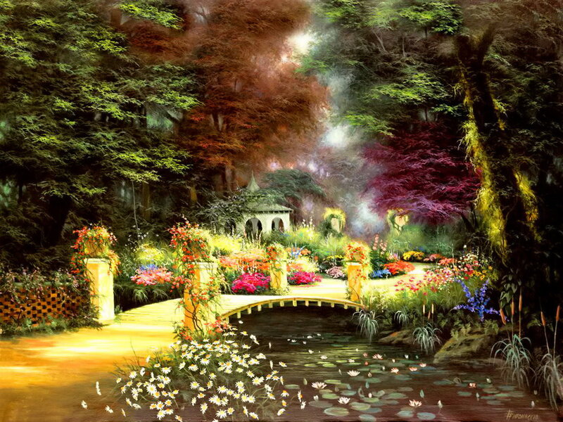 Garden with Arched Bridge — Green, Serene, Afternoon