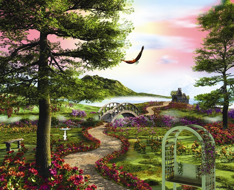 Garden with Arched Bridge — Green, Serene, Sunset