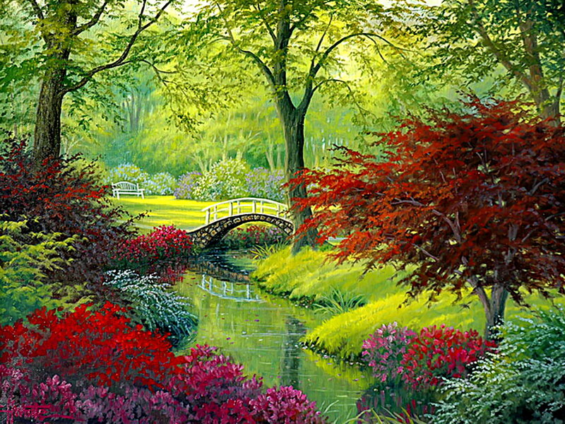 Garden with Arched Bridge — Green, Serene