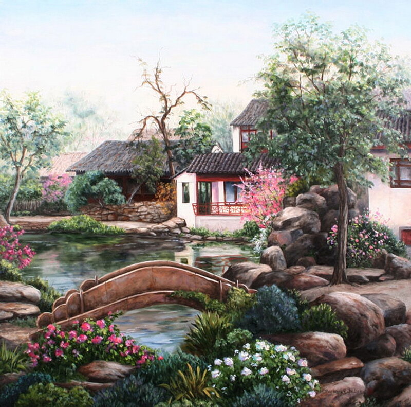 Garden with Arched Bridge — Green