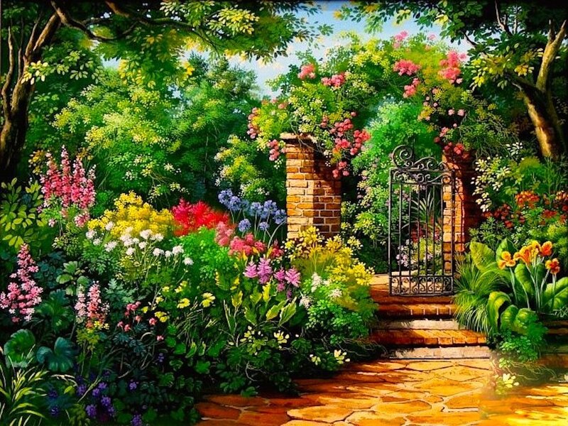 Garden with Arched Gate — Green, Serene, Afternoon