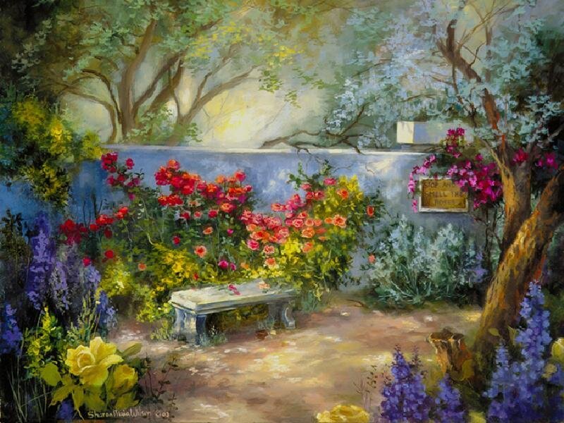 Garden with Bench — Green, Serene, Afternoon, Painting