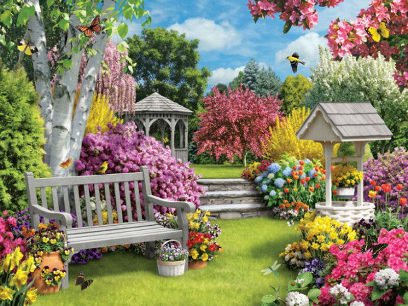 Garden with Bench — Green, Serene, Spring