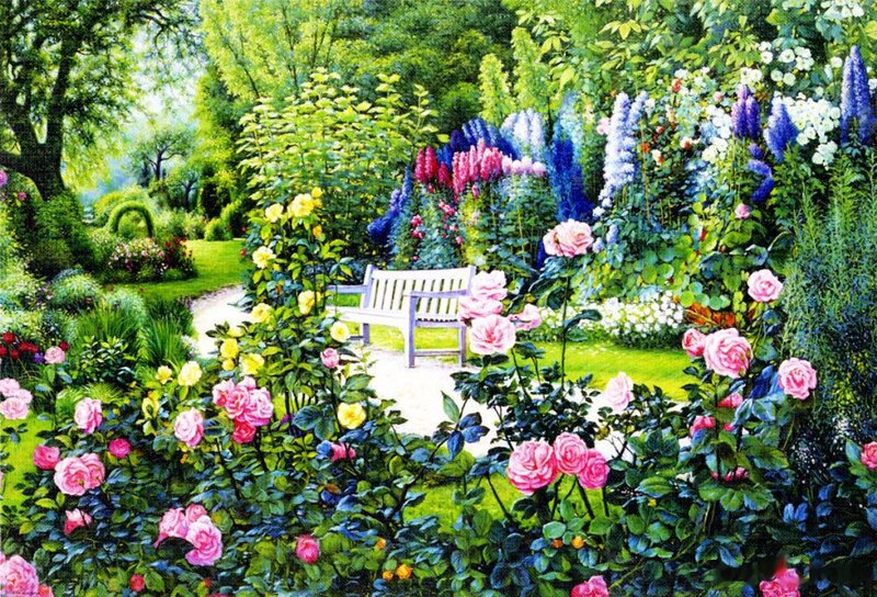 Garden with Bench — Green, Serene