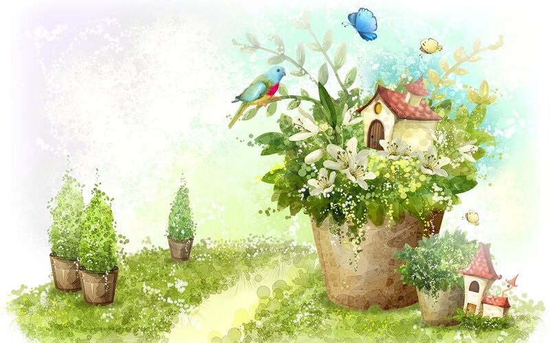 Garden with Birdhouse — Green