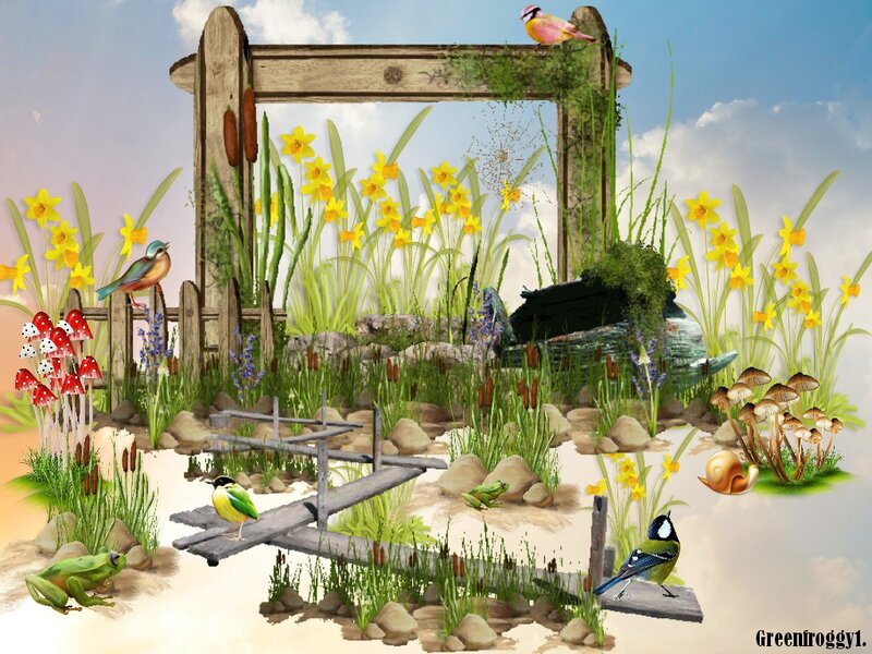 Garden with Birds and Frogs