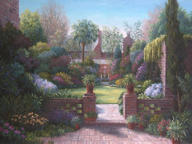Garden with brick pathway