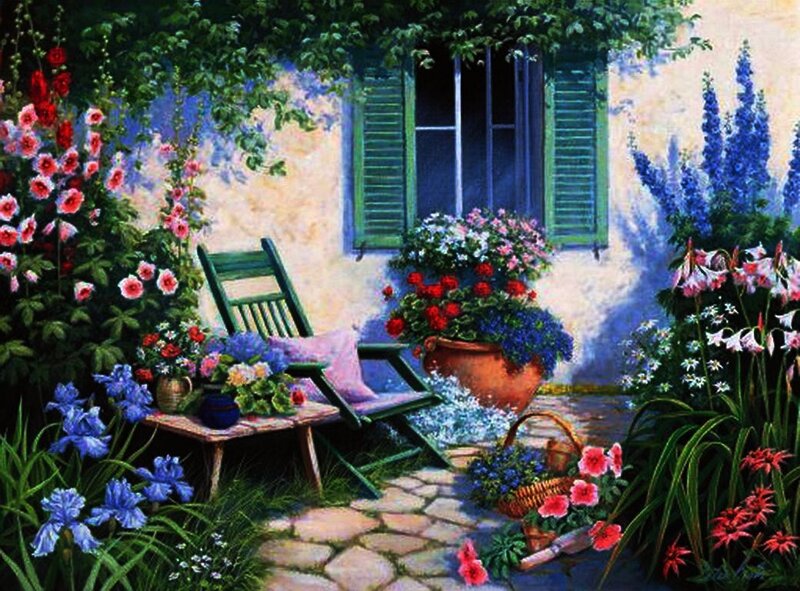 Garden with Chair and Flowers — Green
