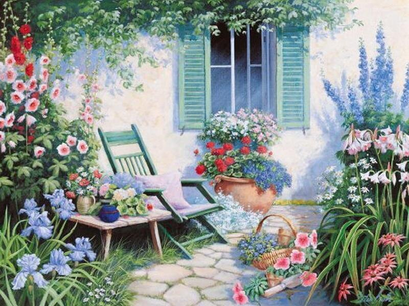 Garden with Chair and Flowers