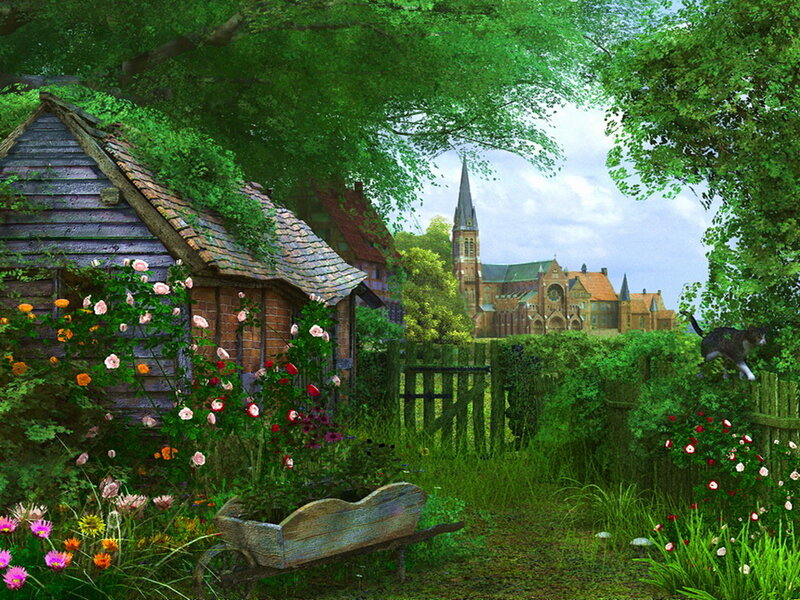Garden with Cottage — Green, Serene, Afternoon, Digital Art