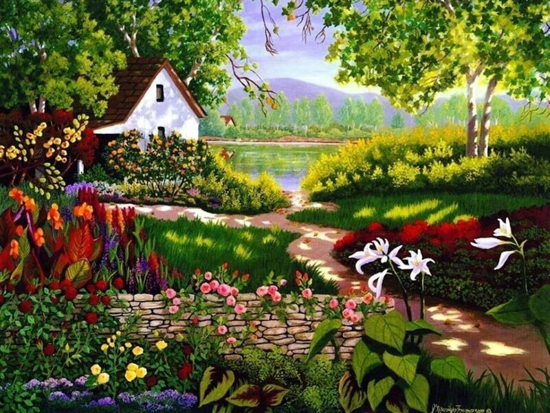 Garden with Cottage — Green, Serene, Afternoon, Painting, Lake