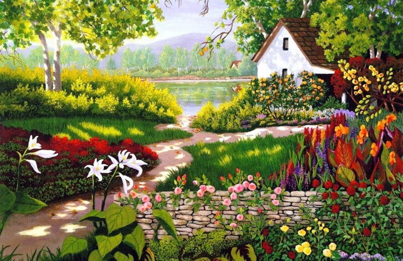 Garden with Cottage — Green, Serene, Afternoon, Painting
