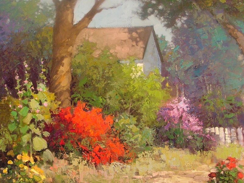 Garden with Cottage — Green, Serene, Afternoon, Painting, Trees