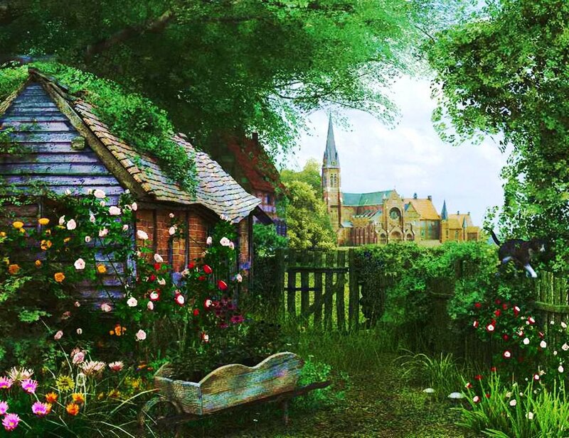 Garden with Cottage — Green, Serene, Afternoon