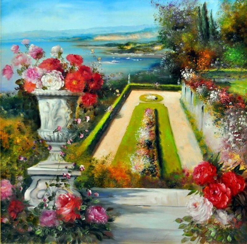 Garden with Flower Beds — Green, Serene, Afternoon, Painting