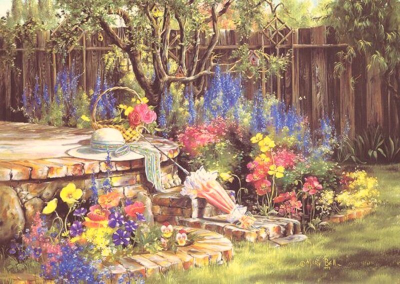 Garden with Flowers and Basket — Blue
